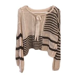Blu Pepper M Black Beige Open Knit Cropped Sweater Long Sleeve Boho Festival